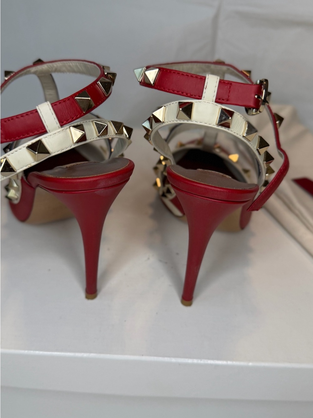 Valentino Red, White & Navy Rockstud Pointed Slingback Heels - Picture 4 of 8